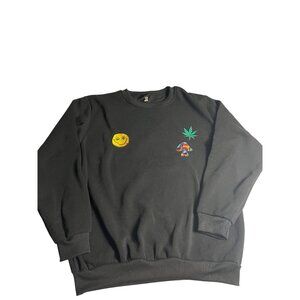 Mens M Crewneck Sweatshirt Embroidered Smiley Face Leaf & Psychedelic Mushroom